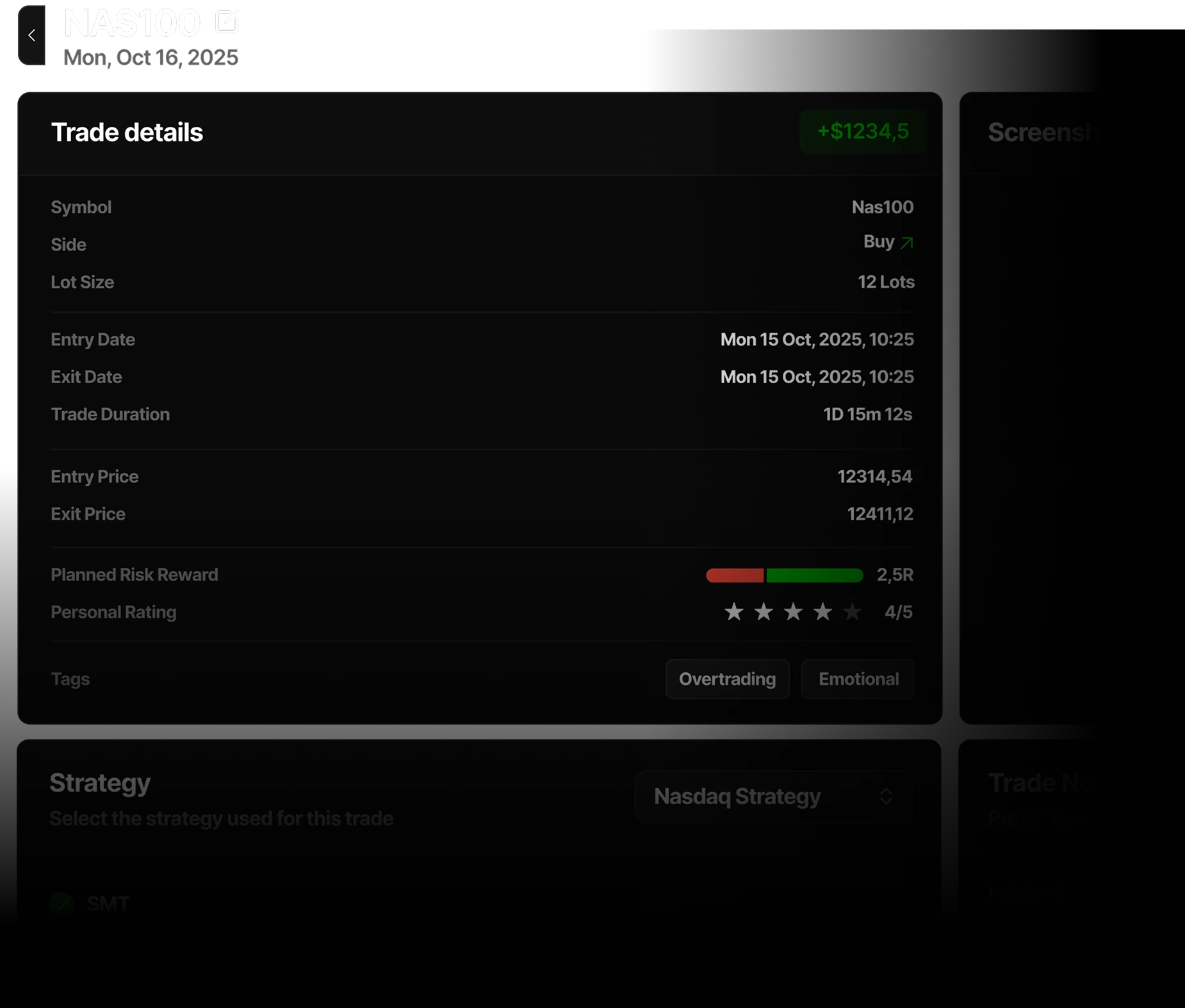 Revisión de trade de backtesting con detalles, estrategia, capturas y notas