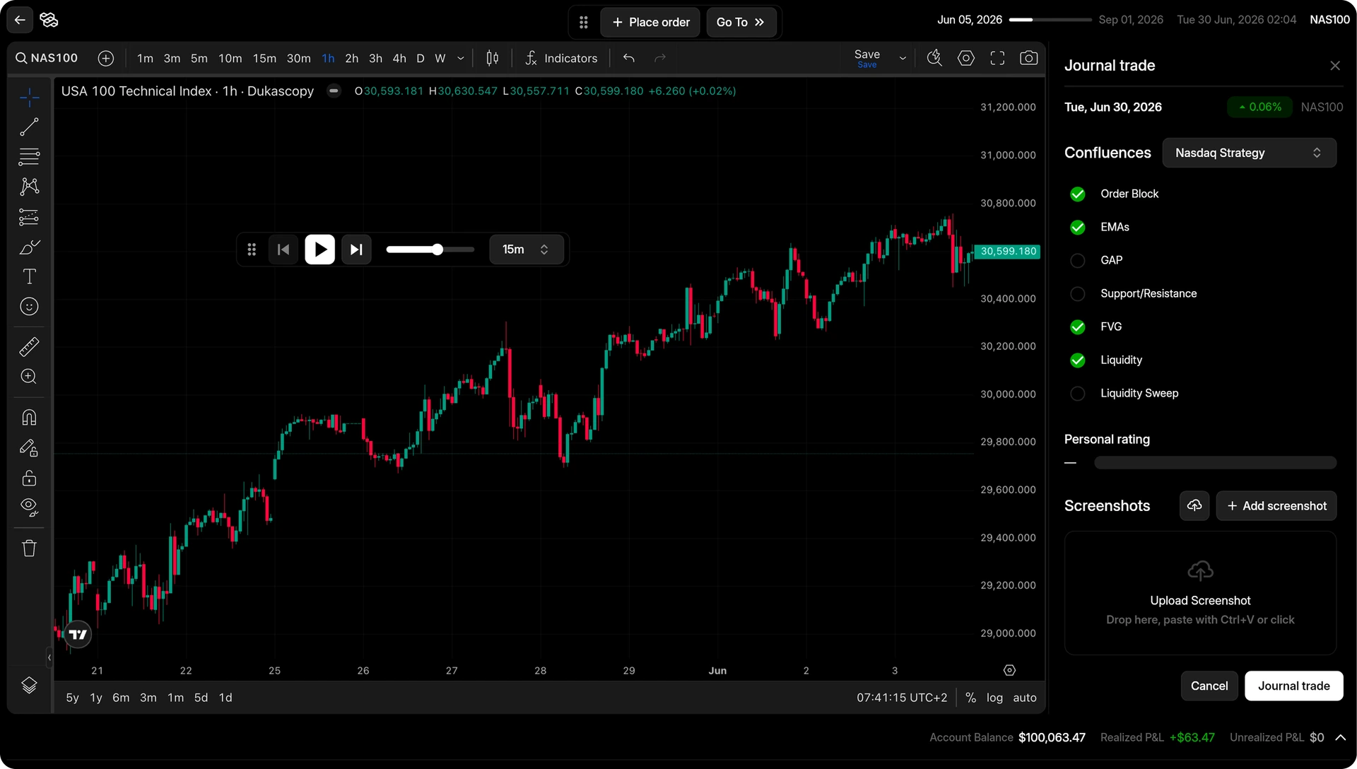 Flujo de journaling de Tradespad como alternativa gratis a TradingView Bar Replay