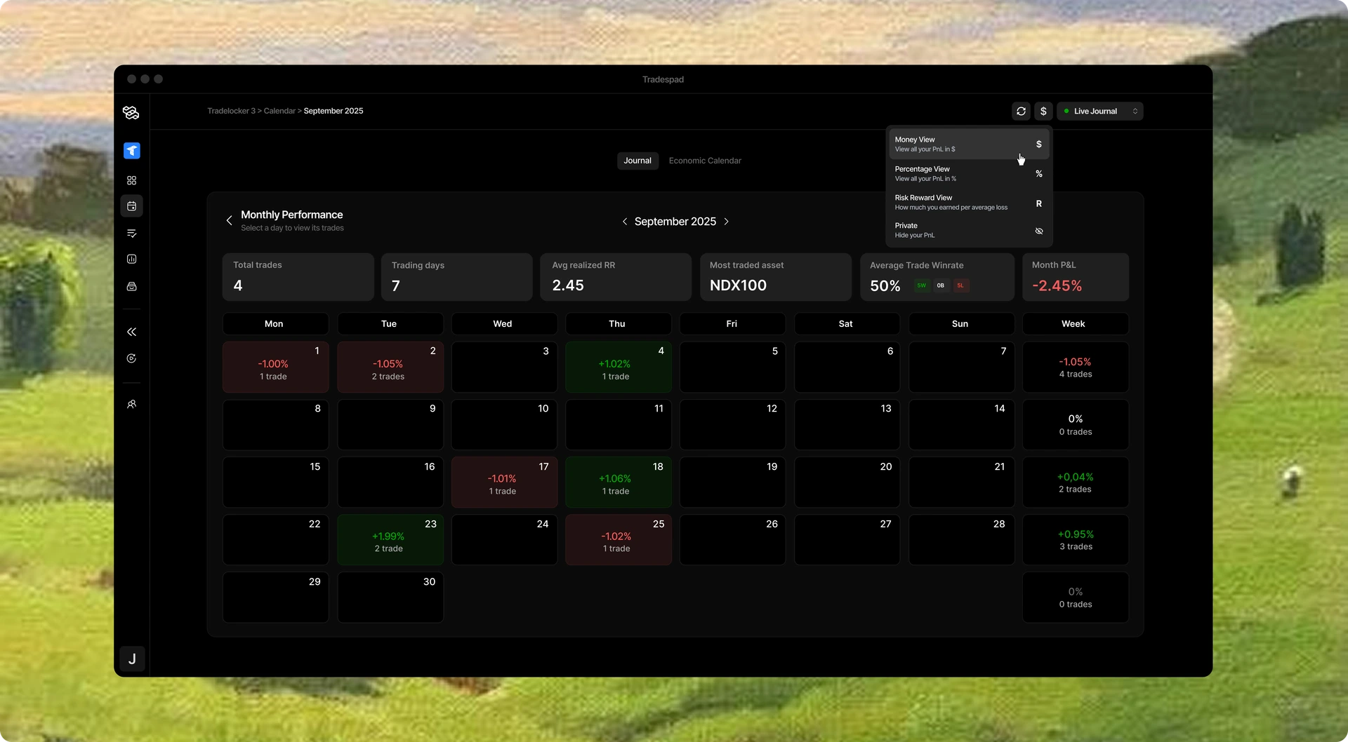 Tradespad monthly performance calendar and P&L journal view
