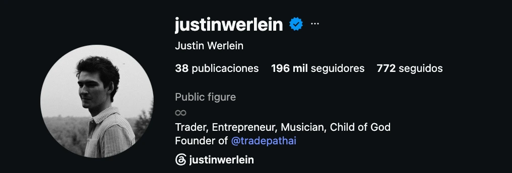 Justin Werlein Instagram profile showing about 196,000 followers and Founder of Tradepath AI