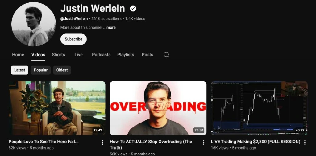 Justin Werlein YouTube channel with 261,000 subscribers and latest videos from five months ago