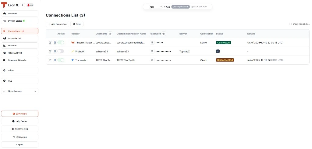 Thor Connections List dashboard showing Phoenix Trader, ProjectX, and Tradovate connections