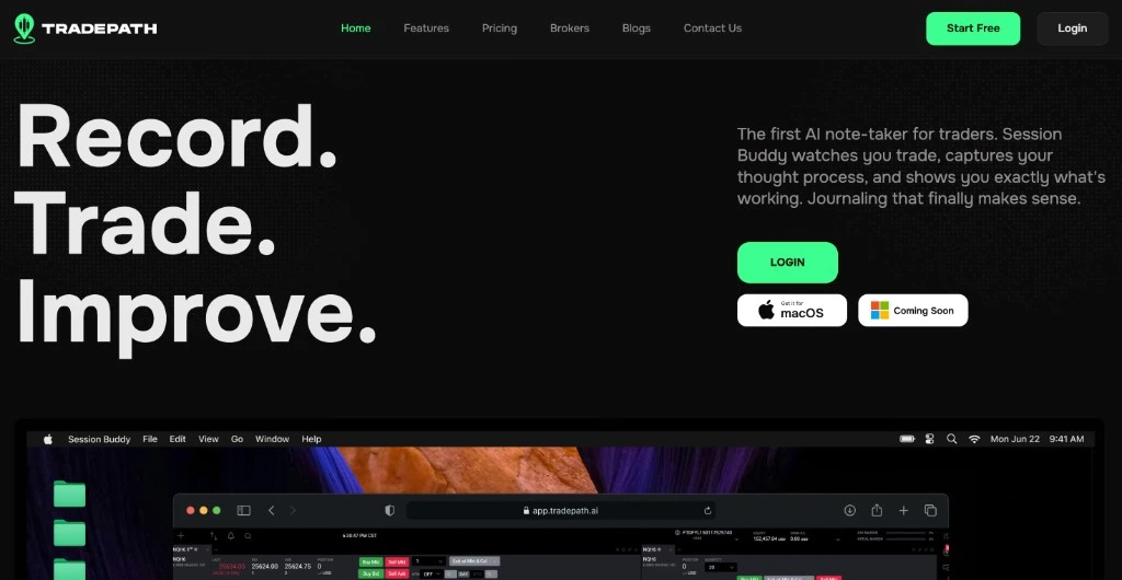 Tradepath homepage promoting Session Buddy as an AI note-taker for traders
