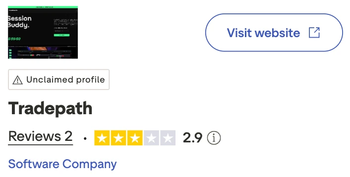 Tradepath Trustpilot profile showing 2.9 rating from 2 reviews and an unclaimed profile