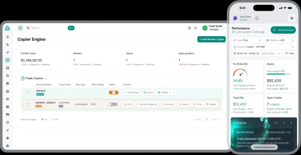 Traders Connect Copier Engine dashboard on desktop and Performance screen on mobile